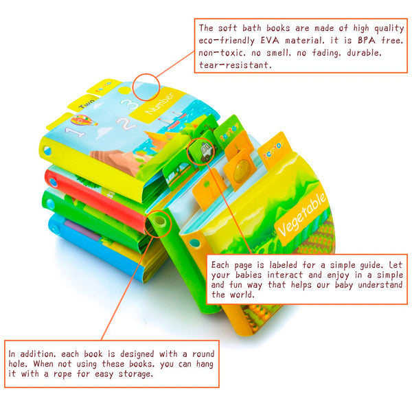 teytoy My First Baby Bath Books, Nontoxic Fabric Soft Baby Bath Toys Early Education Toys Activity Waterproof Baby Books for Toddler, Infants and Kids Perfect for Baby Shower -Pack of 6