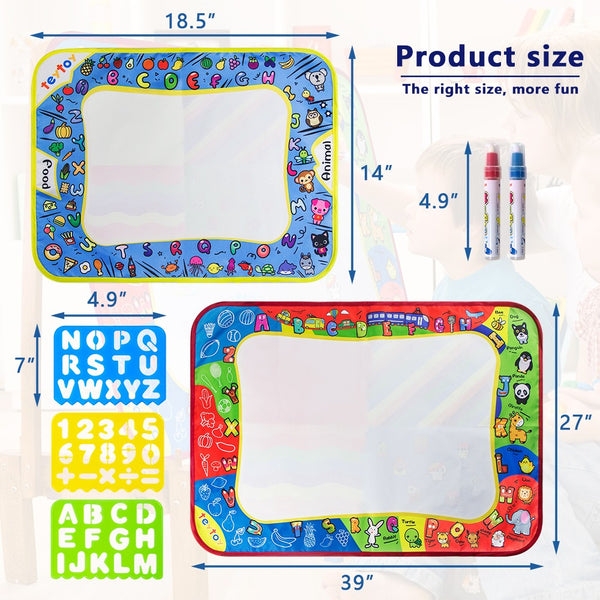 teytoy Water Drawing Mat, 2 Pcs Kids Writing Doodle Painting Board Toy Magic Drawing Mat Educational Toys with Magic Pens for Toddlers Age 1- 12,39" X 27",18.5" X 14"