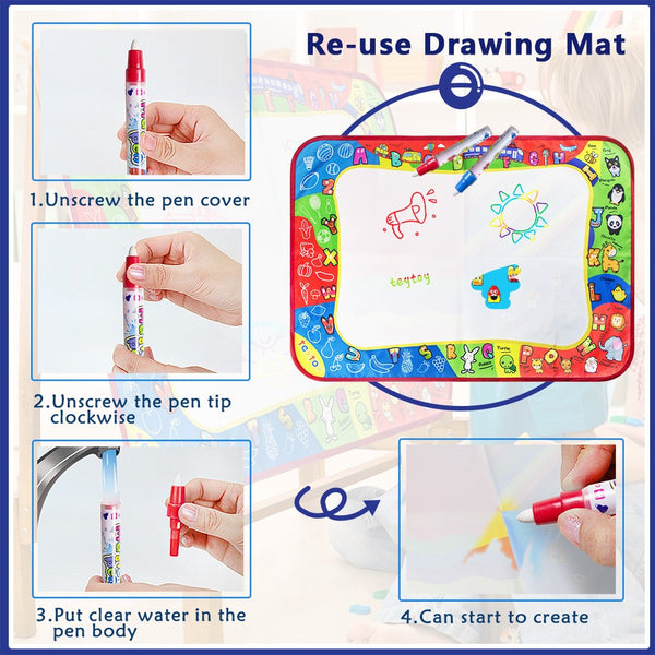 teytoy Water Drawing Mat, 2 Pcs Kids Writing Doodle Painting Board Toy Magic Drawing Mat Educational Toys with Magic Pens for Toddlers Age 1- 12,39" X 27",18.5" X 14"
