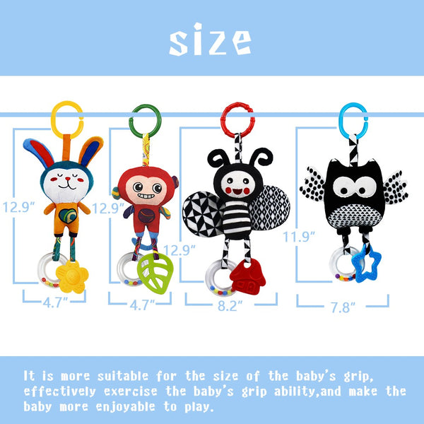 teytoy My First Baby Toy, 4 Pack Animal Hanging Rattle Toys ,Baby Bed Crib Car Seat Travel Stroller Soft Plush Crinkle Toy for Infant, Newborn Birthday Gifts
