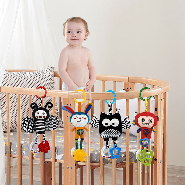 teytoy My First Baby Toy, 4 Pack Animal Hanging Rattle Toys ,Baby Bed Crib Car Seat Travel Stroller Soft Plush Crinkle Toy for Infant, Newborn Birthday Gifts