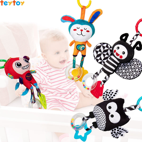 teytoy My First Baby Toy, 4 Pack Animal Hanging Rattle Toys ,Baby Bed Crib Car Seat Travel Stroller Soft Plush Crinkle Toy for Infant, Newborn Birthday Gifts