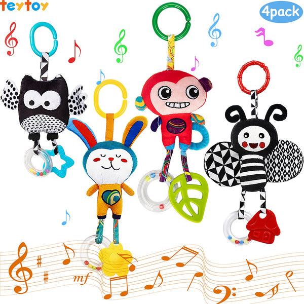 teytoy My First Baby Toy, 4 Pack Animal Hanging Rattle Toys ,Baby Bed Crib Car Seat Travel Stroller Soft Plush Crinkle Toy for Infant, Newborn Birthday Gifts