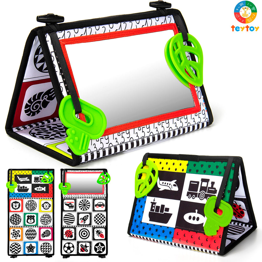 teytoy Tummy Time Floor Mirror, Double High Contrast Activity Developmental Black and White Baby Toys for Infants Boys and Girls
