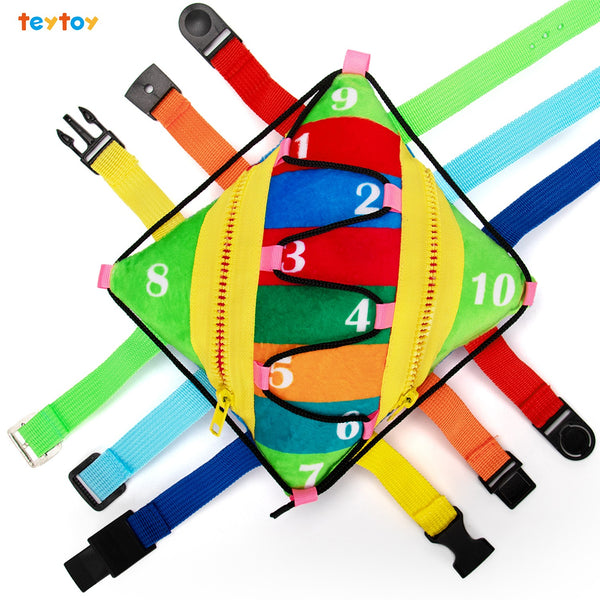 teytoy Sensory Buckle Pillow Toys Activity for Children Learning Fine Motor Skill and Problem Solving Buckles Educational Travel Toy, Plush Threading Counting and Zipper (12 Basic Skill)