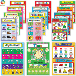 My First Educational Posters, 15pcs Laminated Preschool Poster for Toddler and Kid, Learning Numbers Shapes Colors Alphabet Poster Set, Great for Pre-K, Kindergarten, Daycares and Home School Supplies