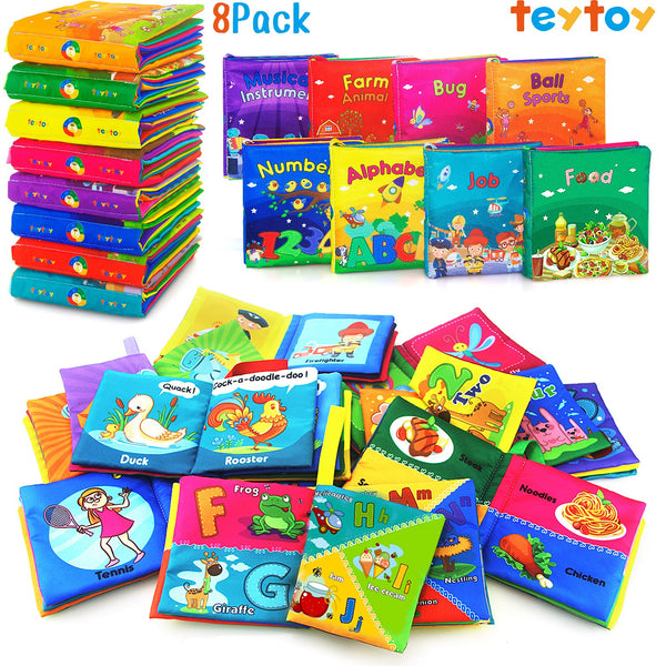 teytoy Soft Book, Nontoxic Fabric Baby Cloth Activity Crinkle Soft Books with Gift Package for Infants Boys and Girls Early Educational Toys (Pack of 8)