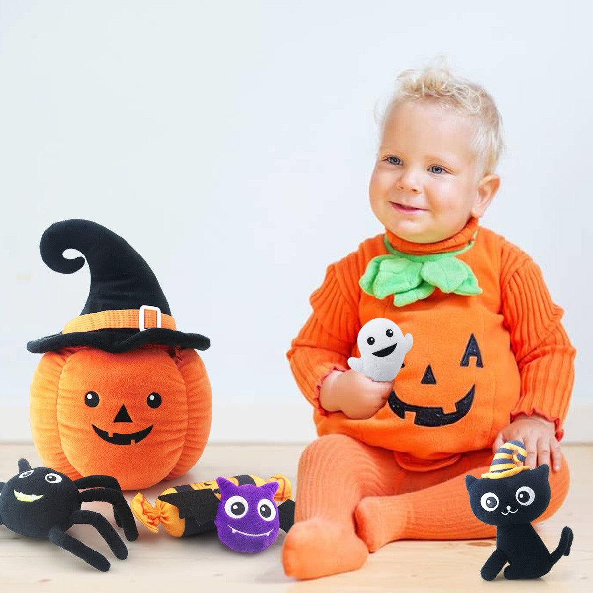 teytoy Halloween Pumpkin Toys Set Children Halloween Toys Funny Pumpkin Plush Toys Pumpkins Spiders Ghosts Bats Black Cats Candy Halloween Party