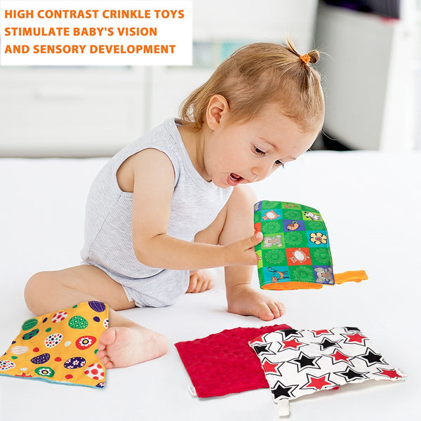 teytoy My First Sensory Toy,4 Pack Soft Touchable Textures Baby Crinkle Toys High Contrast Square for Toddler, Infants and Kids Perfect for Baby Shower